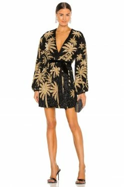 Cheap 🔥 Retrofete Gabrielle Robe 👗 Dress In Black & Gold Palm 🎉